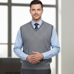 David‎ Taylor Collection Sweater Vest Mens 2XLT Gray Argyle Cotton V-Neck Preppy